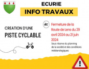 ⚠ INFO TRAVAUX : Création d'une piste cyclable du 29/04/2024 au 21/06/2024